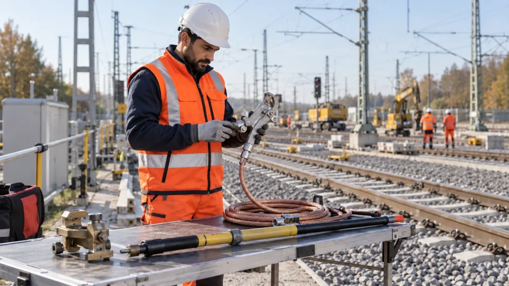 Bahnerdungsberechtigter prüft das Erdungsbesteck neben dem Gleis