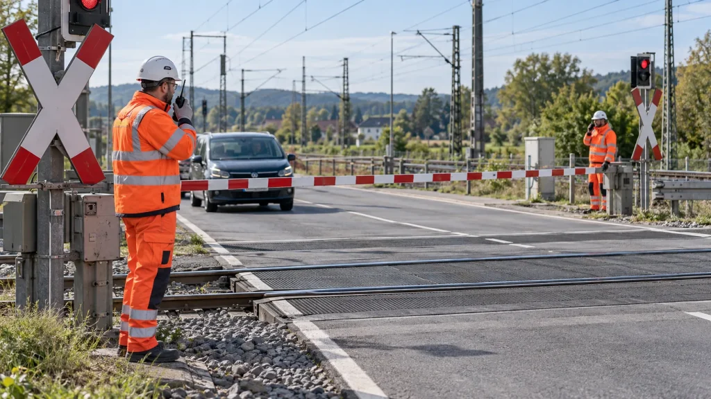 Bahnübergangsposten und Hilfsposten sichern einen Bahnübergang