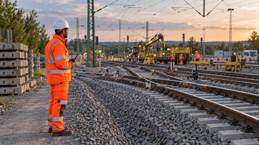 Helfer im Bahnbetrieb am Gleis im Abendlicht