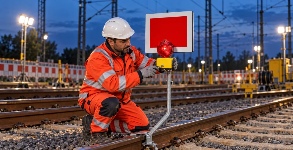 Fachkraft montiert bei Nacht die rote Signalleuchte an einem Schutzhalt Signal (Sh2-Scheibe)