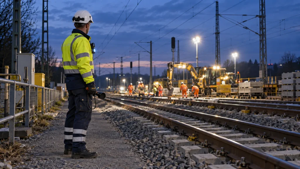 Sicherungsposten bei Nacht an einer beleuchteten Gleisbaustelle