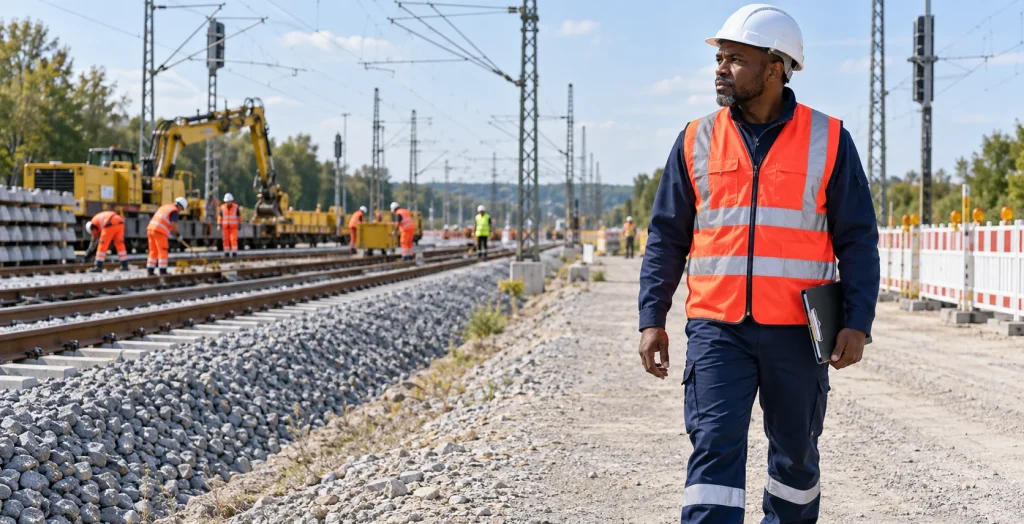 Sicherungsüberwacher mit Klemmbrett beim Kontrollgang entlang einer Gleisbaustelle